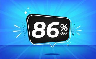 86 percent off. Blue banner with eighty-six percent discount on a black balloon for mega big sales. vector