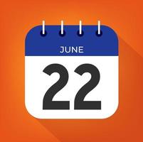 June day 22. Number twenty-two on a white paper with blue color border on a orange background vector. vector