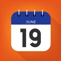 June day 19. Number nineteen on a white paper with blue color border on a orange background vector. vector