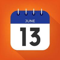 June day 13. Number thirteen on a white paper with blue color border on a orange background vector. vector