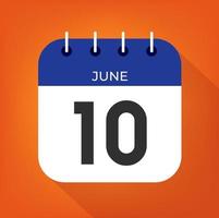 June day 10. Number ten on a white paper with blue color border on a orange background vector. vector