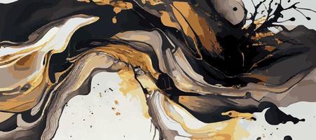 Marble panoramic texture, black gold colored marble surface, curved lines, bright abstract background design - Vector