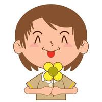 girl holding flower playful face cartoon cute vector