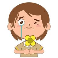 girl holding flower crying face cartoon cute vector