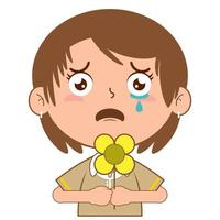 girl holding flower crying face cartoon cute vector