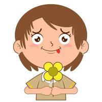 girl holding flower playful face cartoon cute vector