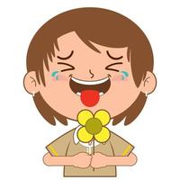 girl holding flower laughing face cartoon cute vector