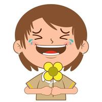 girl holding flower laughing face cartoon cute vector