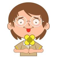 girl holding flower doubt face cartoon cute vector