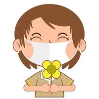 girl holding flower wear mask cartoon cute vector