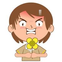 girl holding flower angry face cartoon cute vector