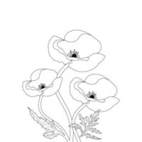 Flower Coloring Page And Book Poppy Flower Line Art Hand Drawn Illustration vector