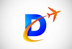 Initial D alphabet with a swoosh and airplane logo design. Suitable for travel companies or business vector