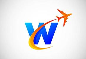 Initial W alphabet with a swoosh and airplane logo design. Suitable for travel companies or business vector