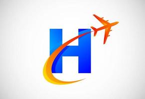Initial H alphabet with a swoosh and airplane logo design. Suitable for travel companies or business vector