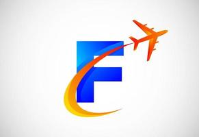 Initial F alphabet with a swoosh and airplane logo design. Suitable for travel companies or business vector