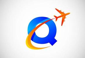 Initial Q alphabet with a swoosh and airplane logo design. Suitable for travel companies or business vector