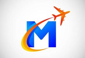 Initial M alphabet with a swoosh and airplane logo design. Suitable for travel companies or business vector