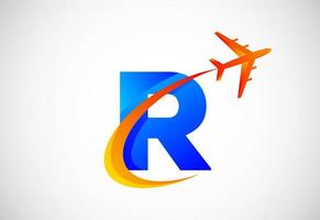 Initial R alphabet with a swoosh and airplane logo design. Suitable for travel companies or business vector