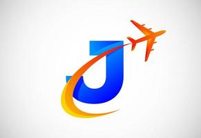 Initial J alphabet with a swoosh and airplane logo design. Suitable for travel companies or business vector