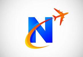 Initial N alphabet with a swoosh and airplane logo design. Suitable for travel companies or business vector