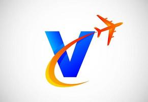 Initial V alphabet with a swoosh and airplane logo design. Suitable for travel companies or business vector