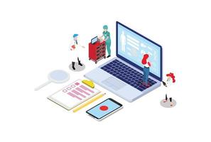 Modern isometric Online diagnosis concept banner with characters. Can use for web banner, infographics, hero images. Suitable for Diagrams, Infographics, Game Asset, And Other Graphic Related Assets vector