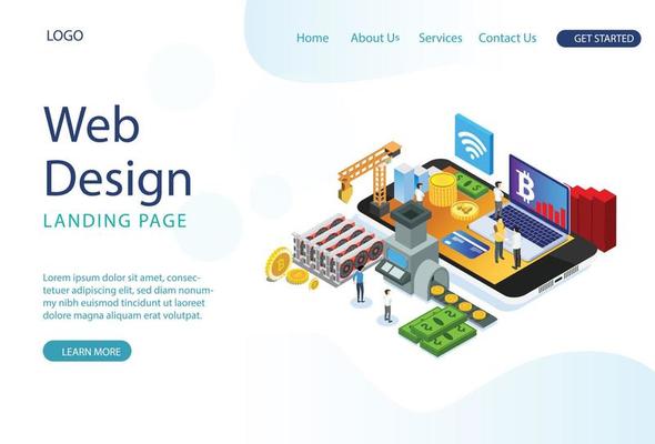 Modern Web Landing Page Isometric Smart Bitcoin Mining Illustration. Suitable for Diagrams, Infographics, Book Illustration, Game Asset, And Other Graphic Related Assets