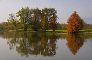 A beautiful golf course over a lake photo