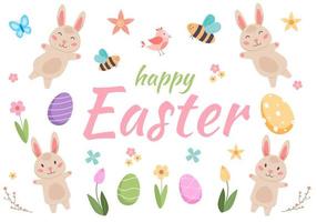 Easter spring vector with cute bunnies, eggs, birds, bees, butterflies. hand drawn flat cartoon elements.