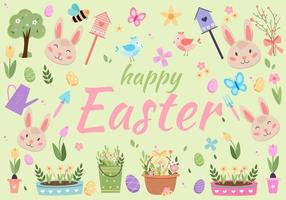 Easter spring vector with cute bunnies, eggs, birds, bees, butterflies. hand drawn flat cartoon elements.