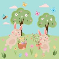 Easter spring vector with cute bunnies, eggs, birds, bees, butterflies. hand drawn flat cartoon elements.