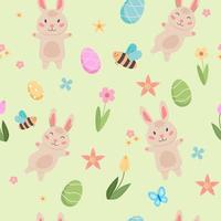 Pascua de Resurrección primavera modelo con linda conejitos, huevos, aves, abejas, mariposas mano dibujado plano dibujos animados elementos. vector