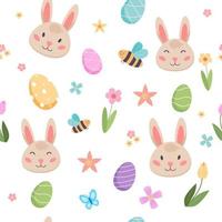 Easter spring pattern with cute bunnies, eggs, birds, bees, butterflies. hand drawn flat cartoon elements. vector