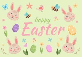 Easter spring vector with cute bunnies, eggs, birds, bees, butterflies. hand drawn flat cartoon elements.