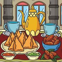 Ramadan Sambusa, Dates and Tea Colored Cartoon vector