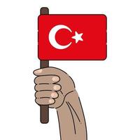 Turkey flag. The hand of a man who holds the flag of Turkey. Cartoon color vector illustration.