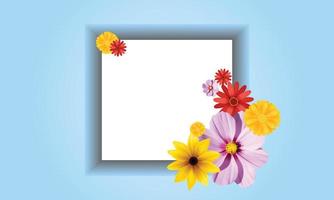 light blue background with white frame and various types of flower vector