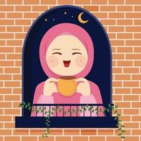 Cute Muslim cartoon in front of the window is enjoying the night of Ramadan with a beautiful and cool atmosphere flat vector illustration