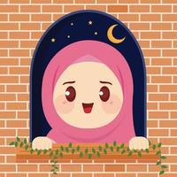 Cute Muslim cartoon in front of the window is enjoying the night of Ramadan with a beautiful and cool atmosphere flat vector illustration