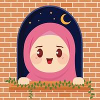 linda musulmán dibujos animados en frente de el ventana es disfrutando el noche de Ramadán con un hermosa y frio atmósfera plano vector ilustración