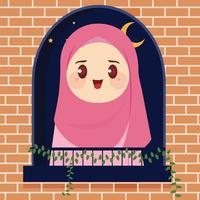 Cute Muslim cartoon in front of the window is enjoying the night of Ramadan with a beautiful and cool atmosphere flat vector illustration