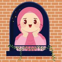 Cute Muslim cartoon in front of the window is enjoying the night of Ramadan with a beautiful and cool atmosphere flat vector illustration