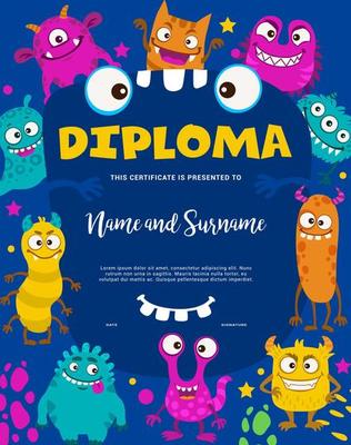 Kids diploma cartoon monsters award frame template