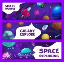 Cartoon space banners with cosmic engines and ufo vector