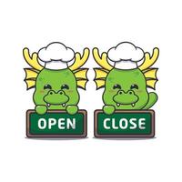 Cute chef dragon mascot cartoon character with open and close board. vector