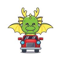 Cute dragon mascot cartoon character ride on car. vector