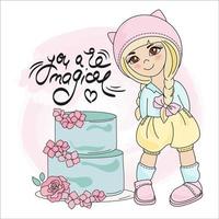 CAKE GIRL Cartoon Children Birthday Vector Illustration Set