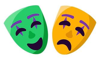 Happy and sad masks vector illustration. Joy and agony face expression. Theatre and carnival decoration stuff. Different mood masks