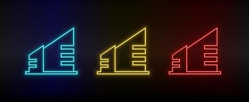 Neon icons. Building. Set of red, blue, yellow neon vector icon on dark background